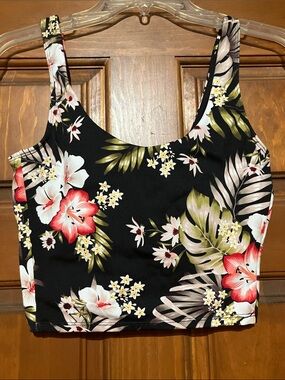 Hurley Black Floral Scoop Crop Tank (Tankini) with Red & Pink Blooms